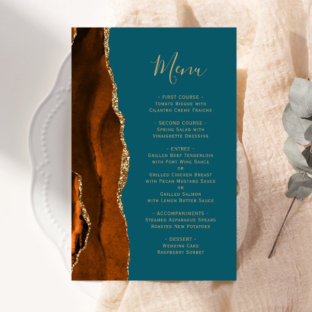 Tall Budget Rust Gold Agate Teal Wedding Menu (Creator Uploaded)