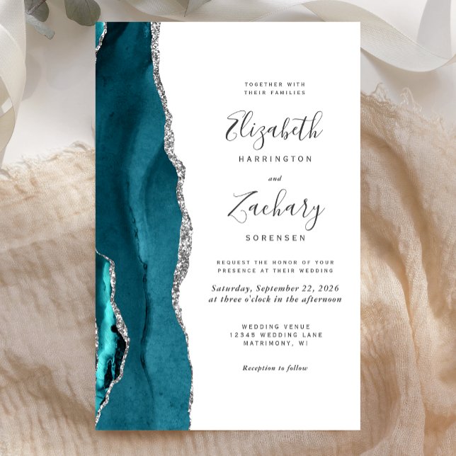 Tall Budget Teal Blue Silver Agate Wedding Invite (Creator Uploaded)