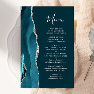 Tall Budget Teal Blue Silver Agate Wedding Menu