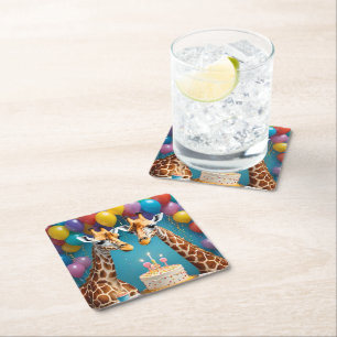 **"Tall Celebrations: A Giraffe's Birthday Bash"** Square Paper Coaster