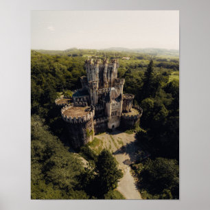 Tall Grey Stone Castle in Green Overgrown Woods Poster