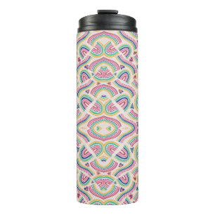Tall, insulated travel mug with intricate 