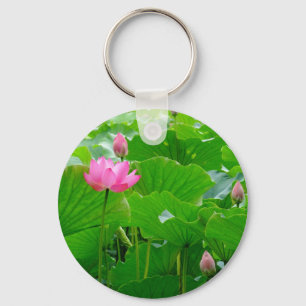 Tall Pink Water Lily Amongst Lily Pads Key Ring