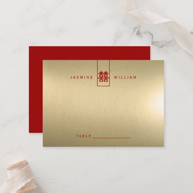 Tall Rectangle Double Happiness Chinese Wedding Place Card (Front/Back In Situ)