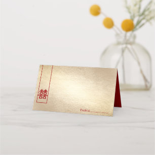 Tall Rectangle Double Happiness Gold Asian Wedding Place Card