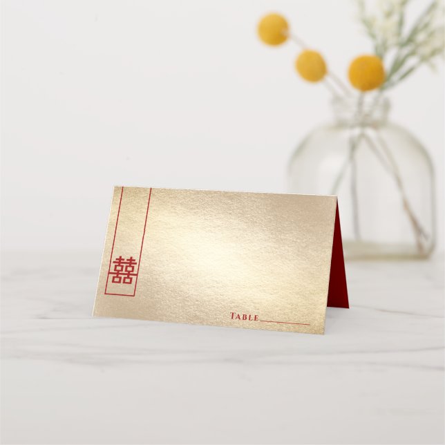 Tall Rectangle Double Happiness Gold Asian Wedding Place Card (Front)