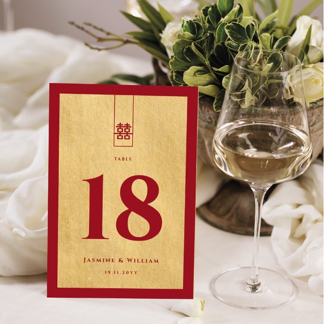 Tall Rectangle Double Xi Golden Chinese Wedding Table Number (Creator Uploaded)