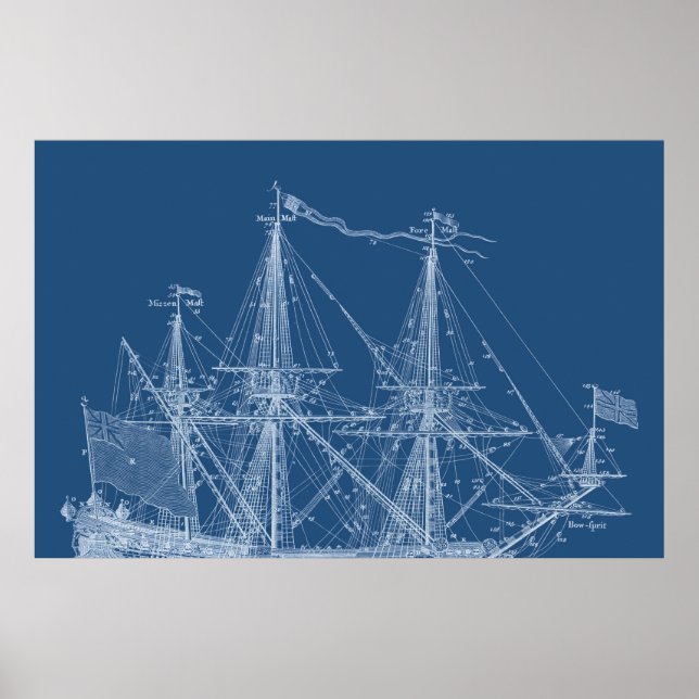 Tall Sailing Ship Blueprint Sail Boat Masts Poster (Front)
