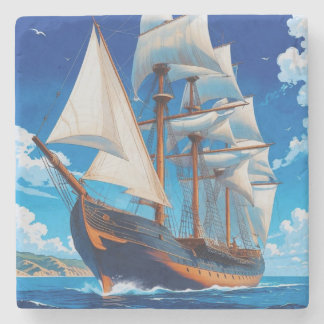 Tall ship at sea  stone coaster