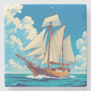 Tall ship at sea stone coaster