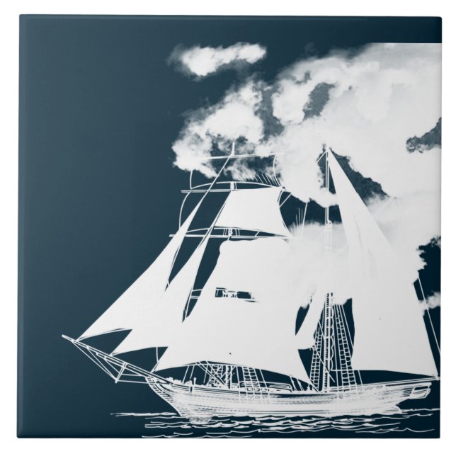 Tall Ship & Clouds Nautical Ceramic Tile (Front)