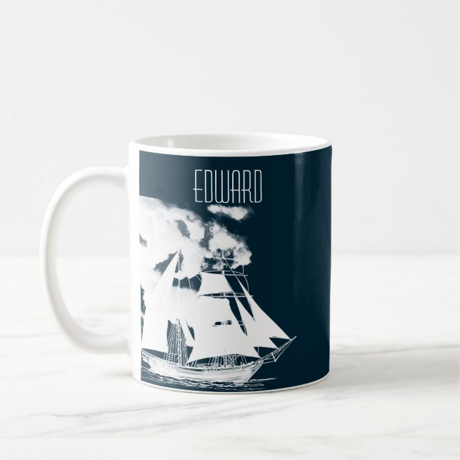 Tall Ship & Clouds Nautical Coffee Mug (Left)