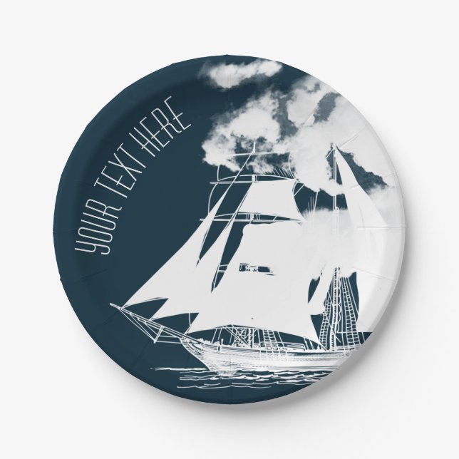 Tall Ship & Clouds Nautical Paper Plate (Front)