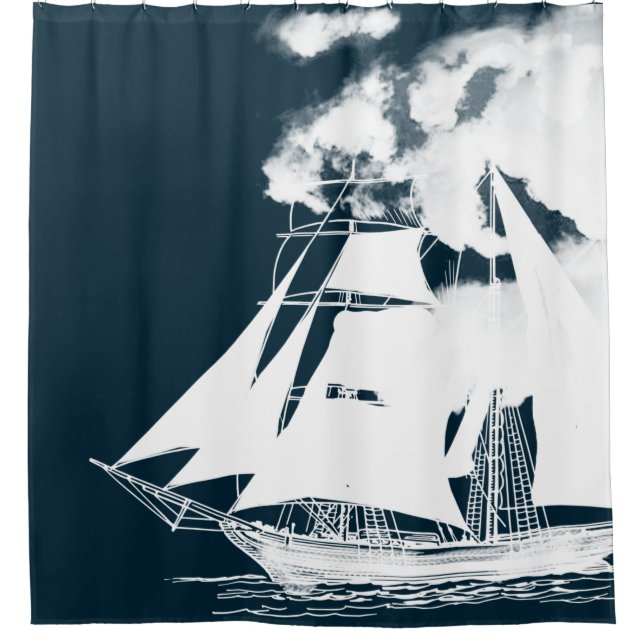 Tall Ship & Clouds Nautical Shower Curtain (Front)