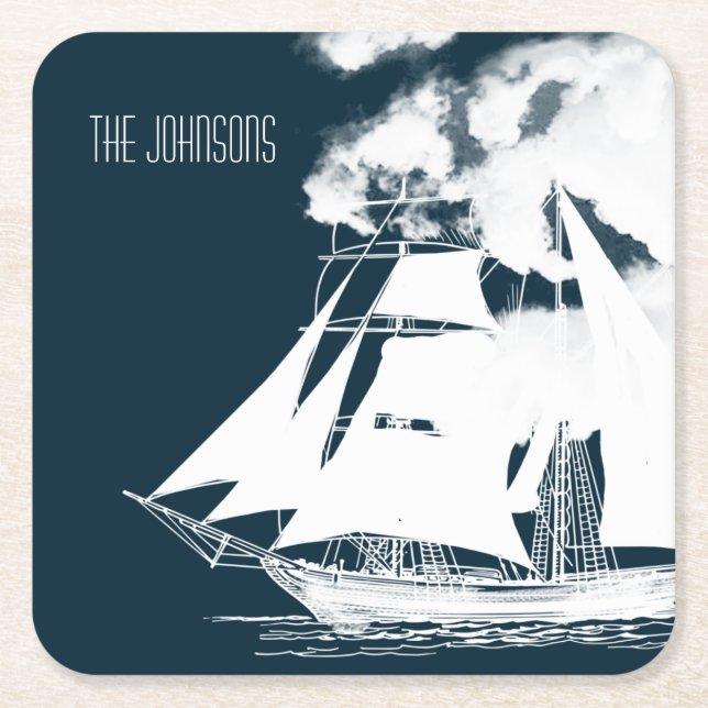 Tall Ship & Clouds Nautical Square Paper Coaster (Front)