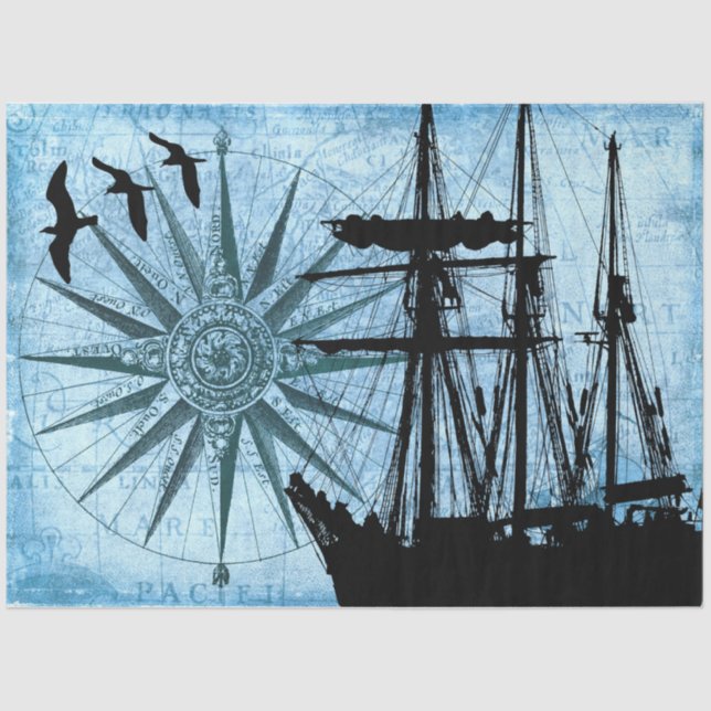 Tall Ship Sailboat Compass Rose Collage Decoupage Tissue Paper (Front)