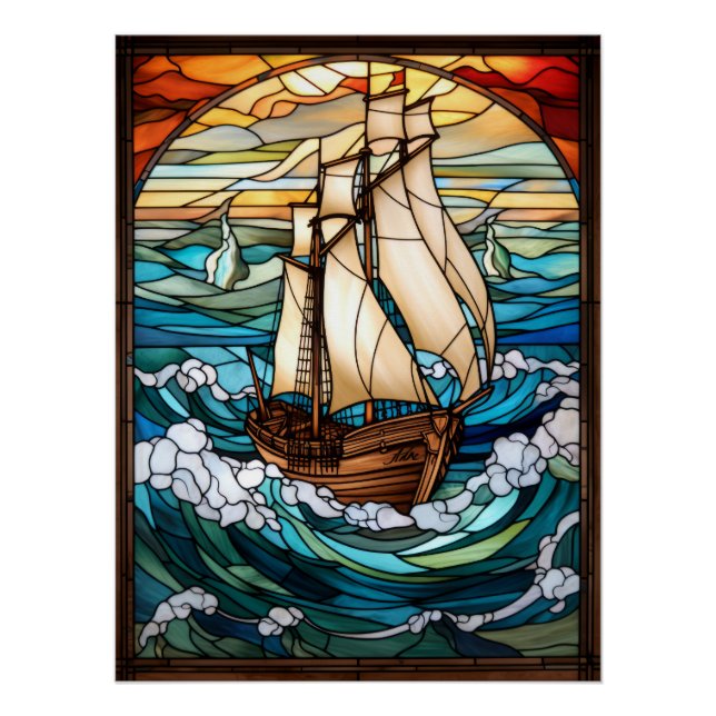 Tall Ship Stained Glass Window Design Poster (Front)