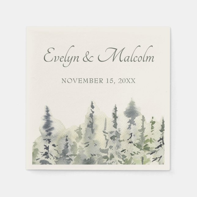 Tall Timber Watercolor Evergreen Trees Wedding Napkin (Front)