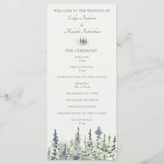 Tall Timber Watercolor Evergreen Trees Wedding Program (Front)