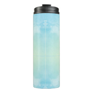 Tall travel mug with a black lid and a watercolor 