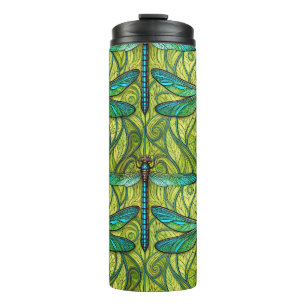 Tall travel mug with a vibrant design of blue