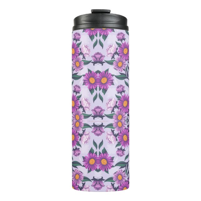 Tall travel mug with a vibrant floral pattern (Front)