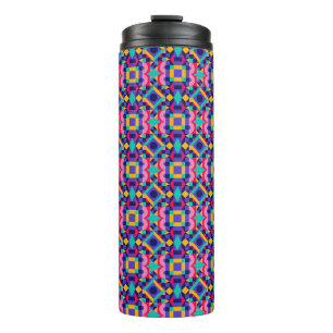 Tall travel mug with a vibrant geometric pattern