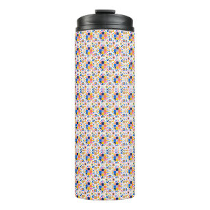 Tall travel mug with a vibrant, geometric pattern