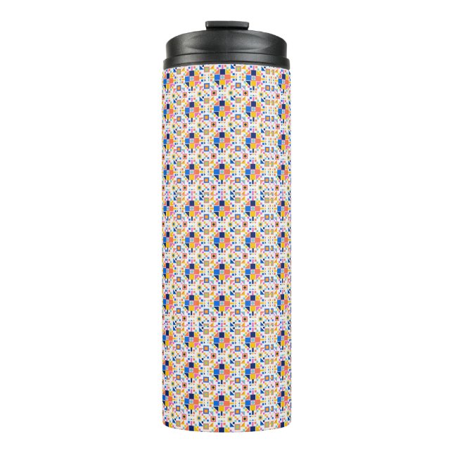Tall travel mug with a vibrant, geometric pattern  (Front)