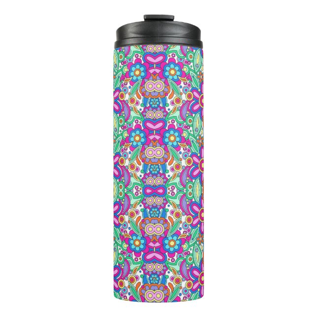Tall travel mug with a vibrant, symmetrical floral (Front)