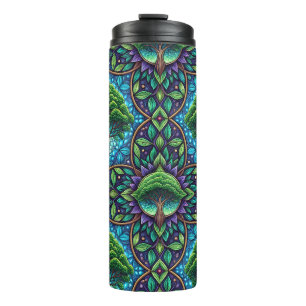 Tall travel mug with a vivid, intricate design