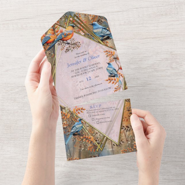 Tall trees, Autumn leaves & Bluebirds. All In One Invitation (Tearaway)