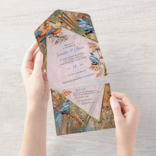 Tall trees, Autumn leaves & Bluebirds. All In One Invitation