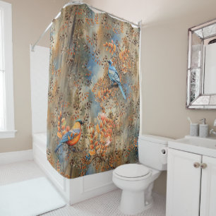 Tall trees, the Leaves of Autumn & Blue-Birds Shower Curtain
