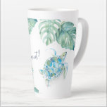 Tall Tropical Turquoise Blue Watercolor Sea Turtle Latte Mug<br><div class="desc">Add tropical island style to your home with my tall latte mugs featuring my original hand painted watercolor sea turtle and monstera palm leaves in shades of green, turquoise blue and white. The words Seas The Moment are set in hand lettered script typography in navy blue. Personalise the words to...</div>