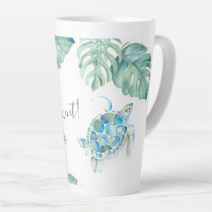 Tall Tropical Turquoise Blue Watercolor Sea Turtle Latte Mug