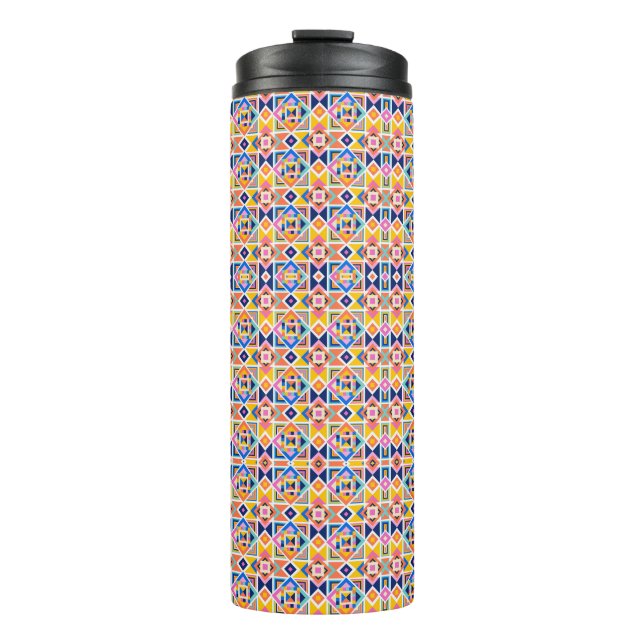 Tall tumbler with a vibrant, geometric pattern (Front)