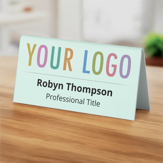 Tall Two Sided Desk Name Plate with Logo Printed (MISOOK Mint Green Name Plate Tent with Logo and Job Title Double-Sided)