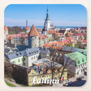 Tallinn downtown aerial view square paper coaster
