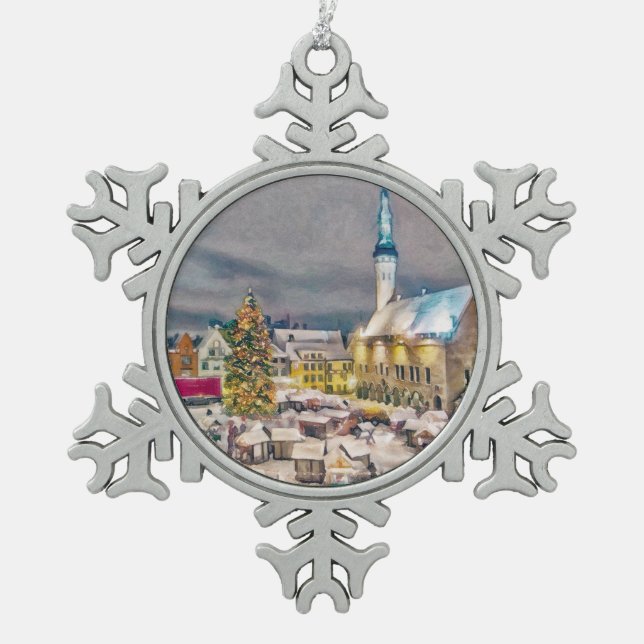 Tallinn Estonia Christmas Market Snowflake Pewter Christmas Ornament (Front)