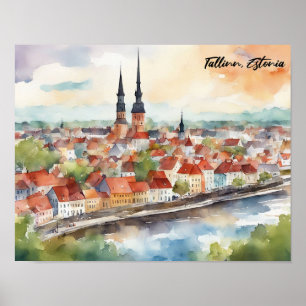 Tallinn Estonia Watercolor Painting Panorama  Poster