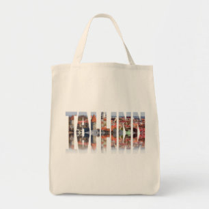 Tallinn text composed of old town view tote bag