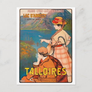 Talloires, Annecy lake, couple on picnic, vintage Postcard