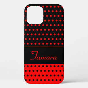 Tamara - Custom Name Template, Red And Black Dots iPhone 12 Case
