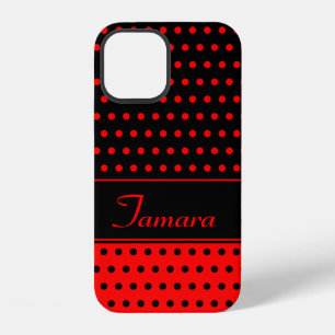 Tamara - Custom Name Template, Red And Black Dots iPhone 12 Case