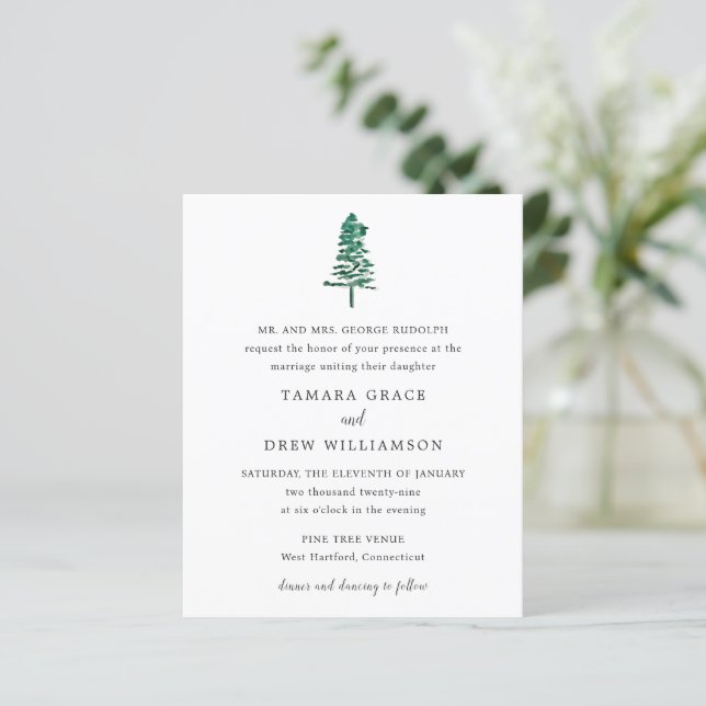 Tamara Pine Tree Modern Budget Wedding Invitation (Standing Front)