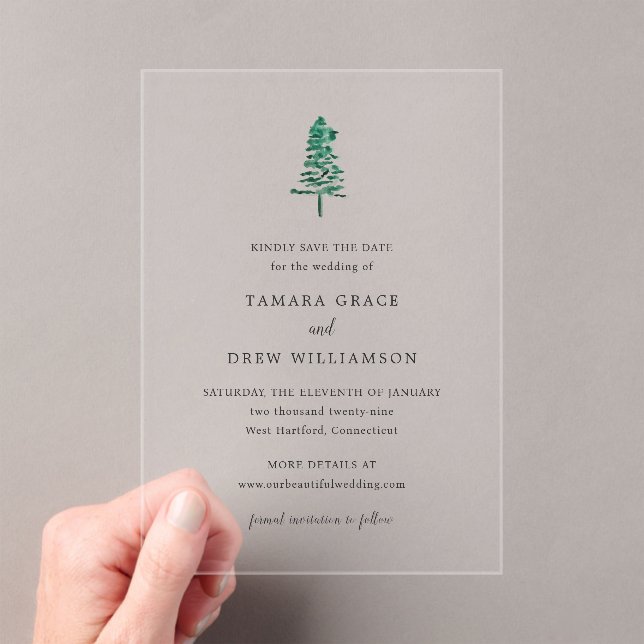 Tamara Pine Tree Modern Wedding Save the Date Acrylic Invitations (Insitu (Handheld))