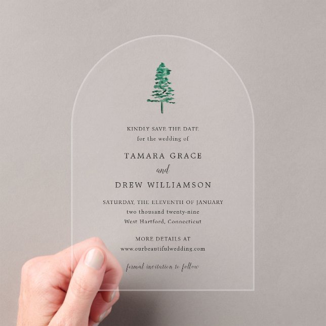 Tamara Pine Tree Modern Wedding Save the Date Acrylic Invitations (Insitu (Handheld))