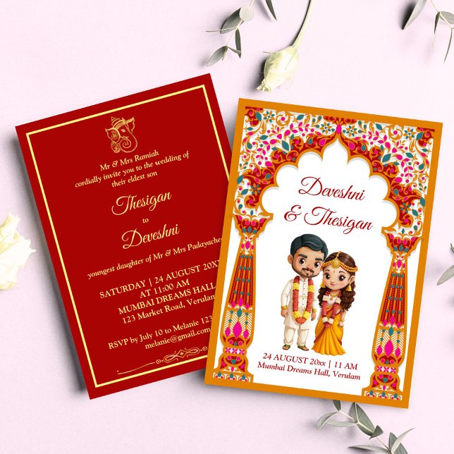 Tamil South Indian wedding cute caricature Invitation (Tamil South Indian wedding cute caricature traditional bridal couple Invitation template download)