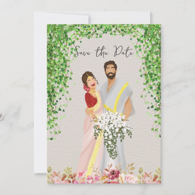 Tamil wedding couple Illustration Save The Date (Front)